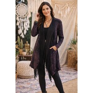 XCVI Wearables Charcoal Black&Pink Fringe Zip Long Tunic Sweater Sz L Boho Artsy